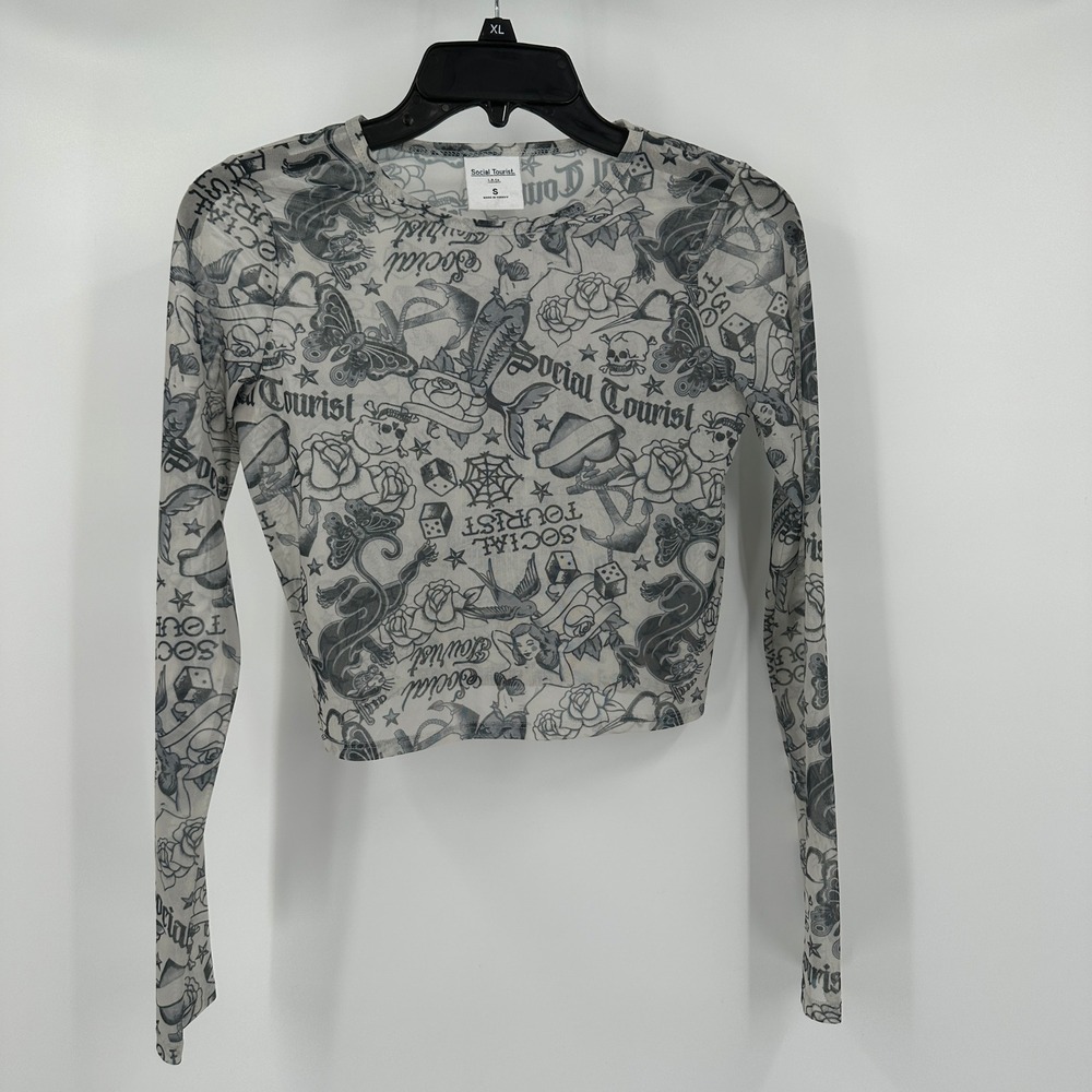 Social Tourist Womens Y2K Tattoo Mesh Top Size S Sheer‎ Edgy Streetwear Crop
